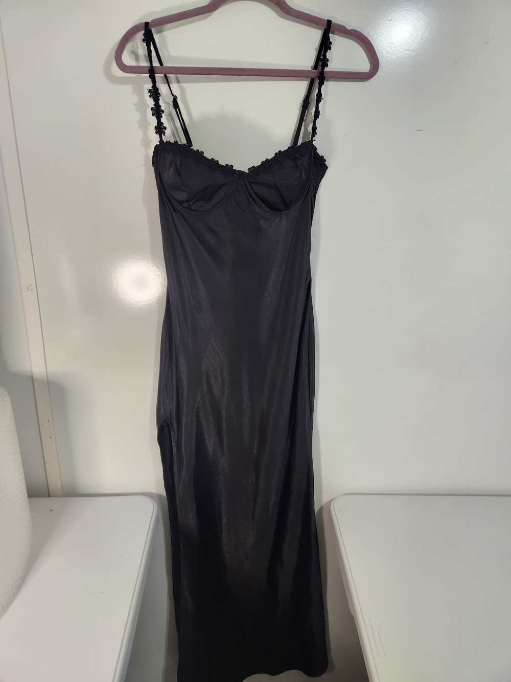 PRINCESS POLLY Elegant Black Satin Slip Dress with Lace Trim, Size 8